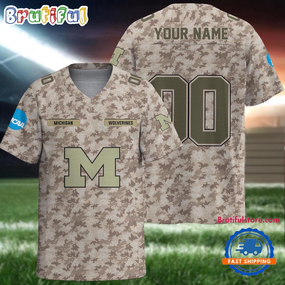 Ncaa Michigan Wolverines Camo Veterans Personalized Football Jersey