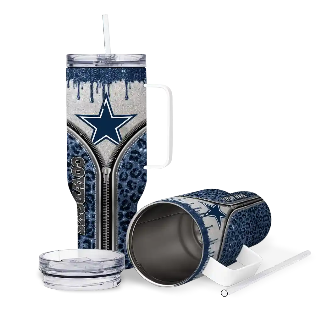 Personalized Dallas Cowboys Leopard Zipper Blue 40Oz Tumbler, Stanley Cup Tumbler - Image 3
