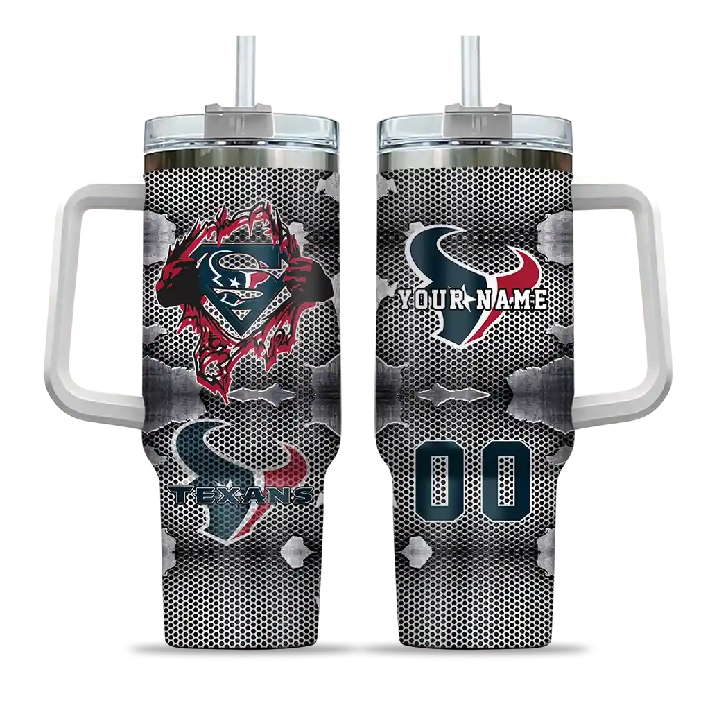 Personalized Houston Texans Superman Shield Blue Gray 40Oz Tumbler, Stanley Cup Tumbler