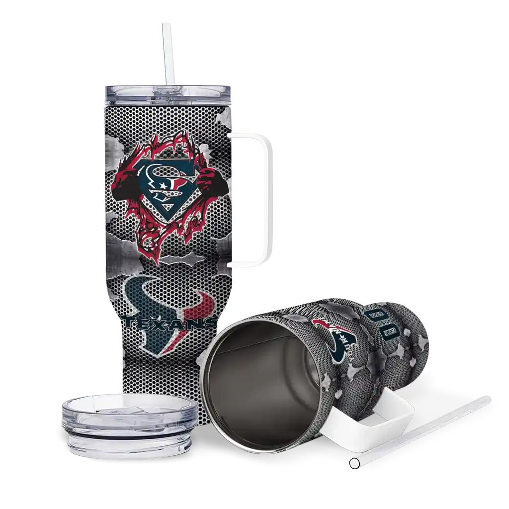 Personalized Houston Texans Superman Shield Blue Gray 40Oz Tumbler, Stanley Cup Tumbler - Image 3
