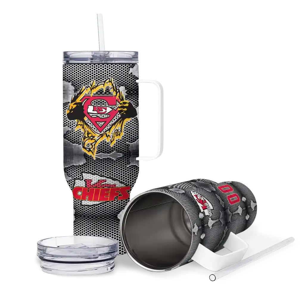 Personalized Kansas City Chiefs Superman Shield Red Gray 40Oz Tumbler, Stanley Cup Tumbler - Image 3