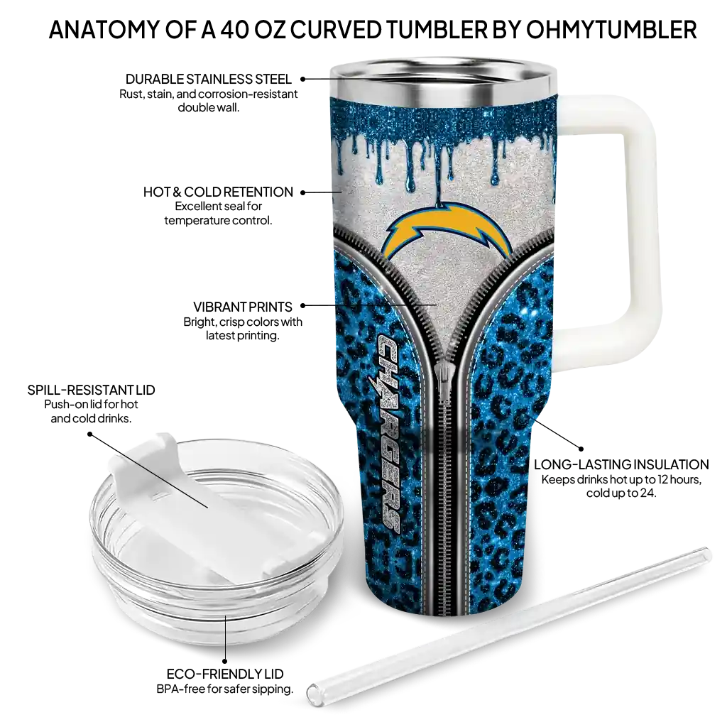 Personalized Los Angeles Chargers Leopard Zipper Blue 40Oz Tumbler, Stanley Cup Tumbler - Image 5