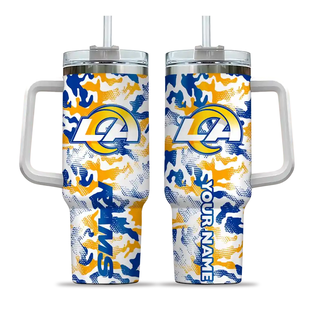 Personalized Los Angeles Rams Camo Mashup Blue White 40Oz Tumbler, Stanley Cup Tumbler