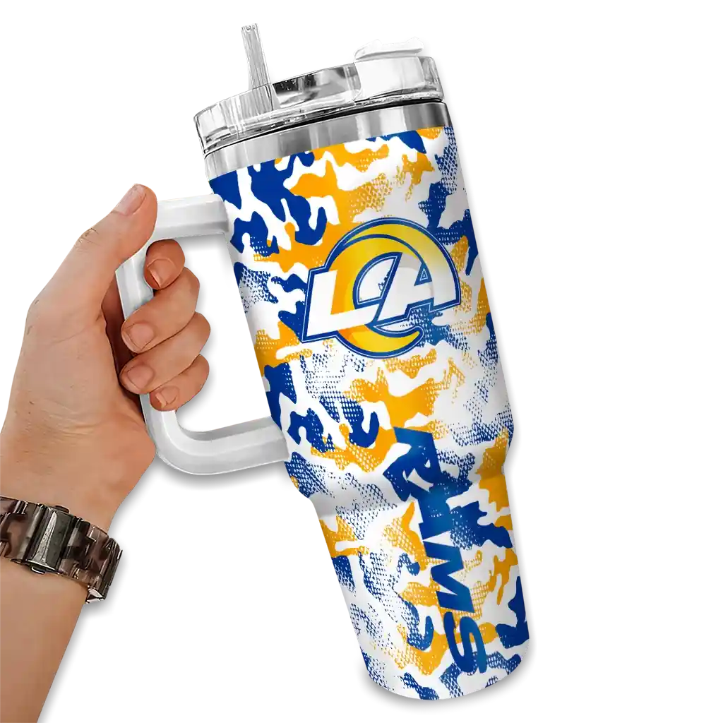 Personalized Los Angeles Rams Camo Mashup Blue White 40Oz Tumbler, Stanley Cup Tumbler - Image 2