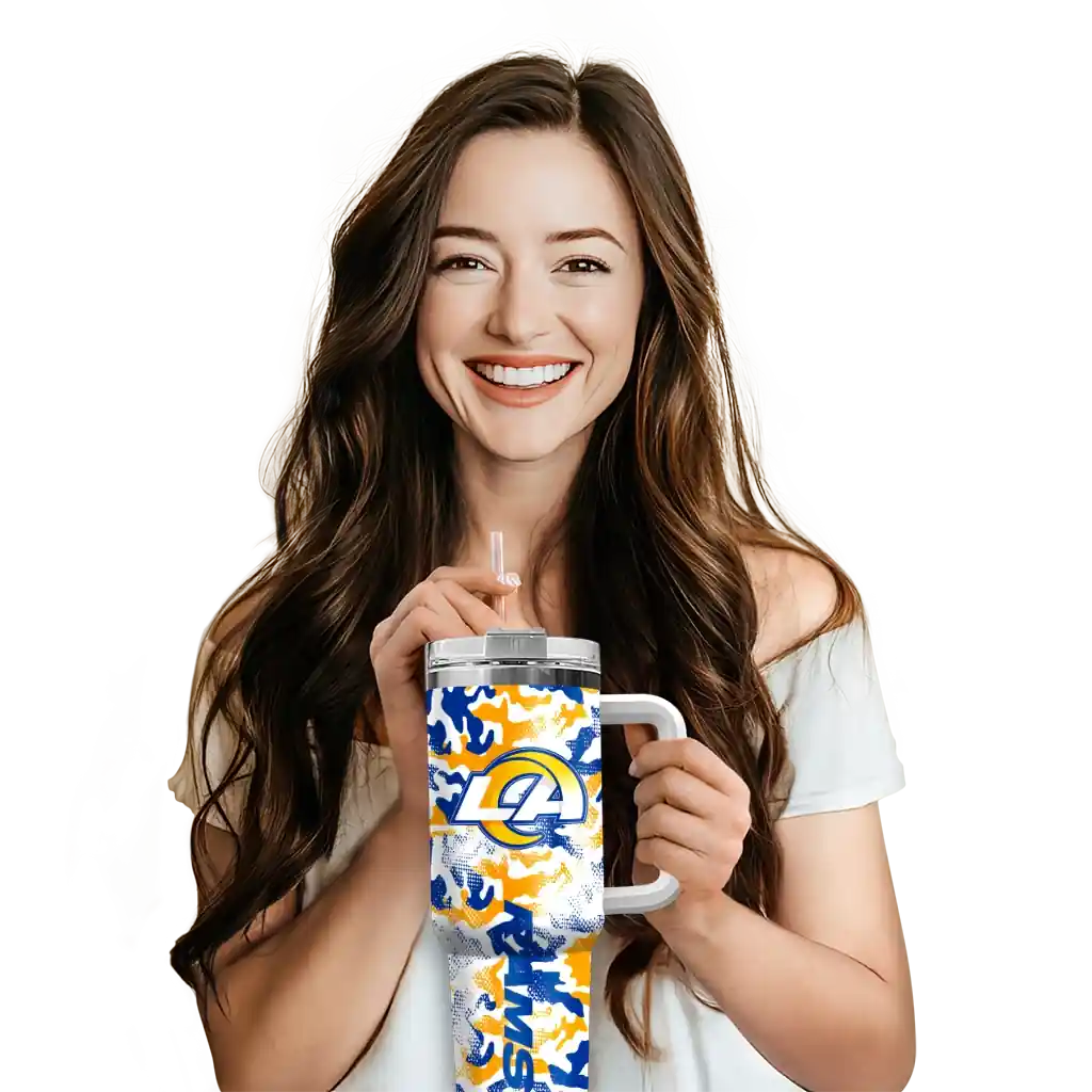 Personalized Los Angeles Rams Camo Mashup Blue White 40Oz Tumbler, Stanley Cup Tumbler - Image 6
