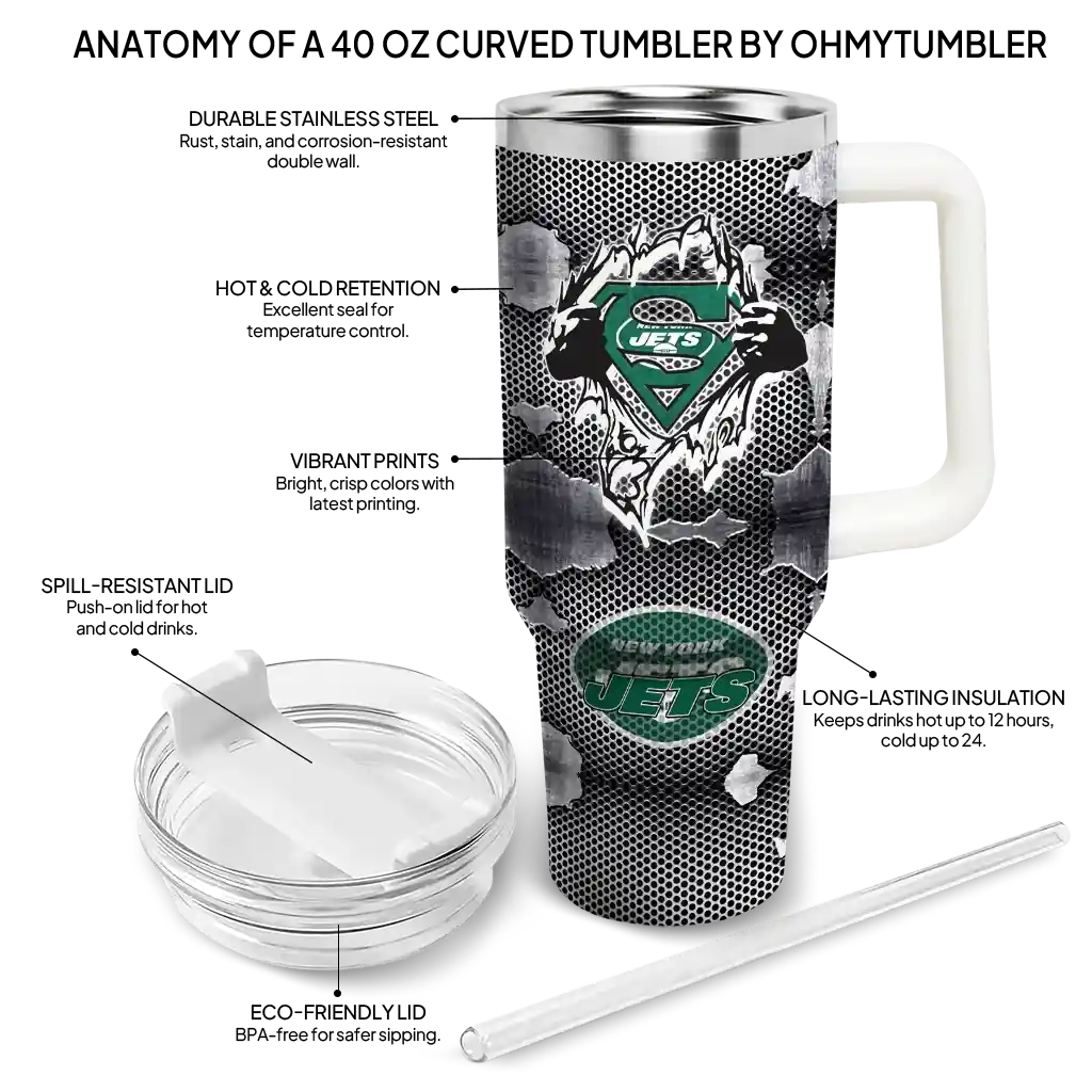 Personalized New York Jets Superman Shield Green Gray 40Oz Tumbler, Stanley Cup Tumbler - Image 5