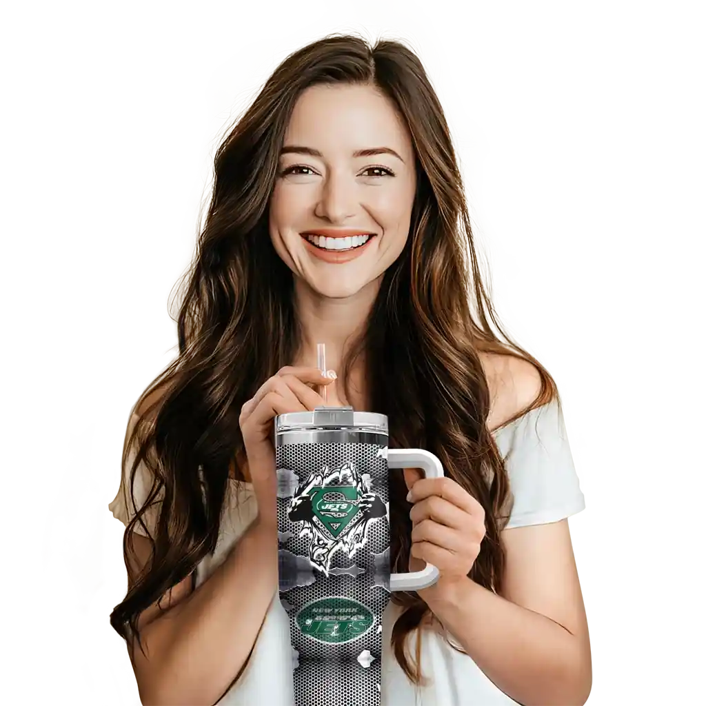 Personalized New York Jets Superman Shield Green Gray 40Oz Tumbler, Stanley Cup Tumbler - Image 6