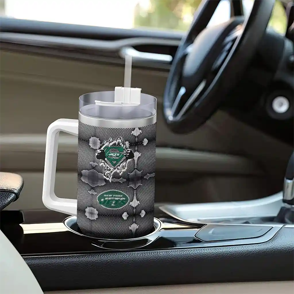 Personalized New York Jets Superman Shield Green Gray 40Oz Tumbler, Stanley Cup Tumbler - Image 8