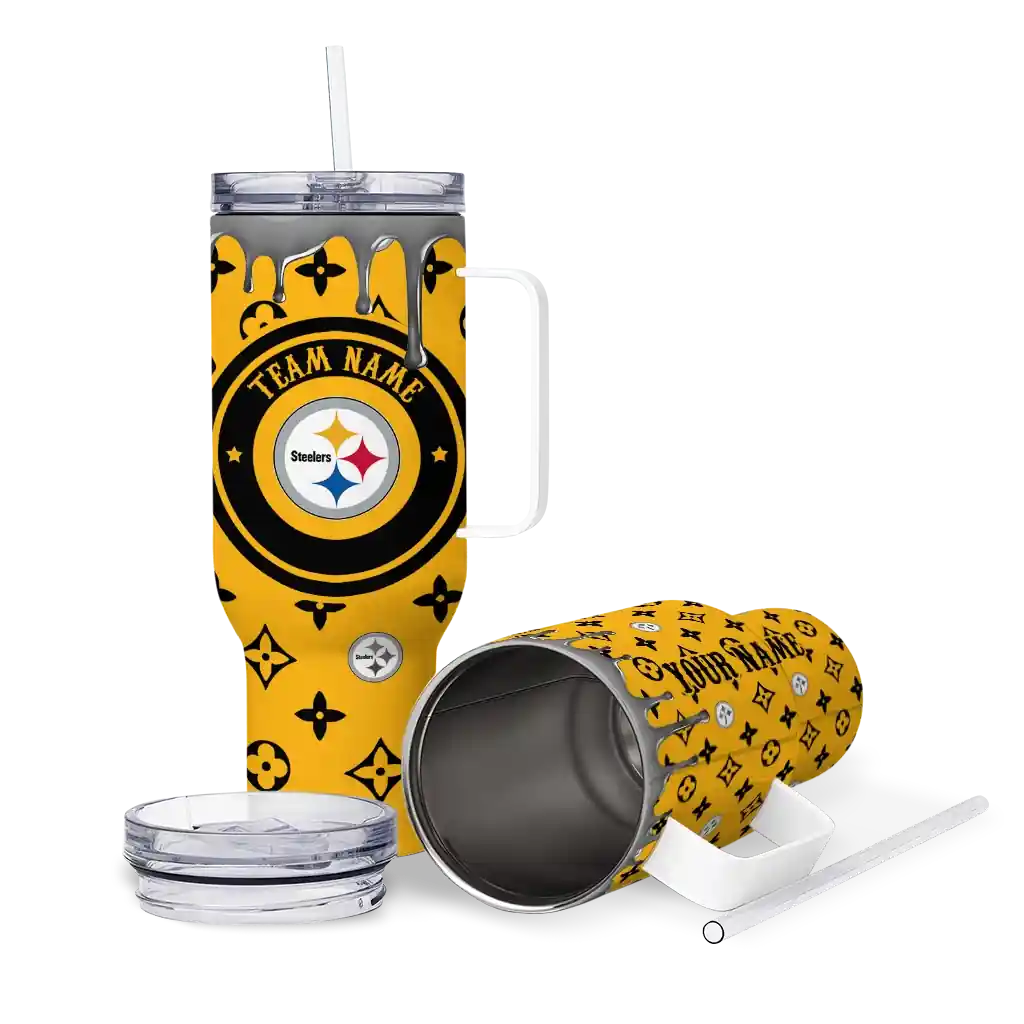 Personalized Pittsburgh Steelers Bullseye Drips Gold 40Oz Tumbler, Stanley Cup Tumbler - Image 3