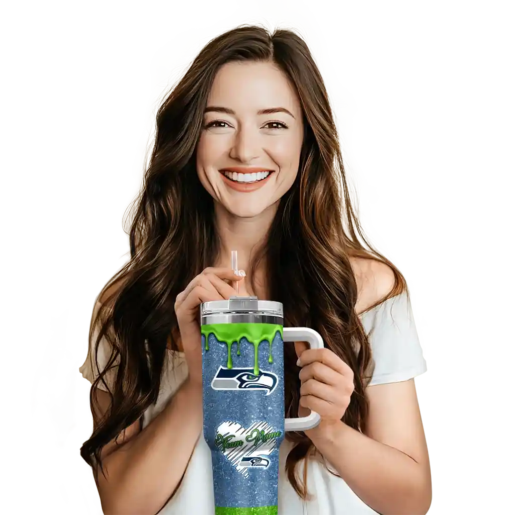 Personalized Seattle Seahawks Heart Helmet Motif Blue 40Oz Tumbler, Stanley Cup Tumbler - Image 6