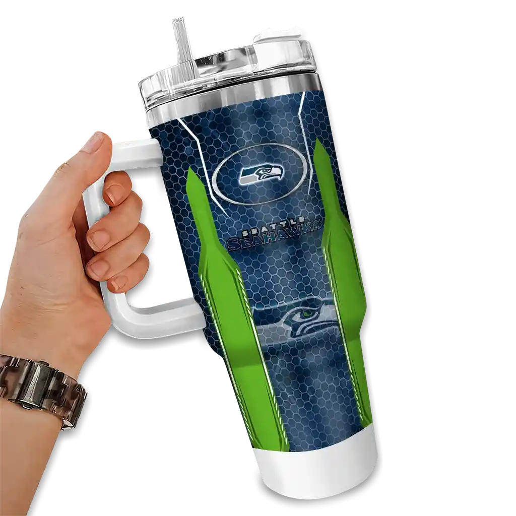 Personalized Seattle Seahawks Hexagon Armor Blue 40Oz Tumbler, Stanley Cup Tumbler - Image 2