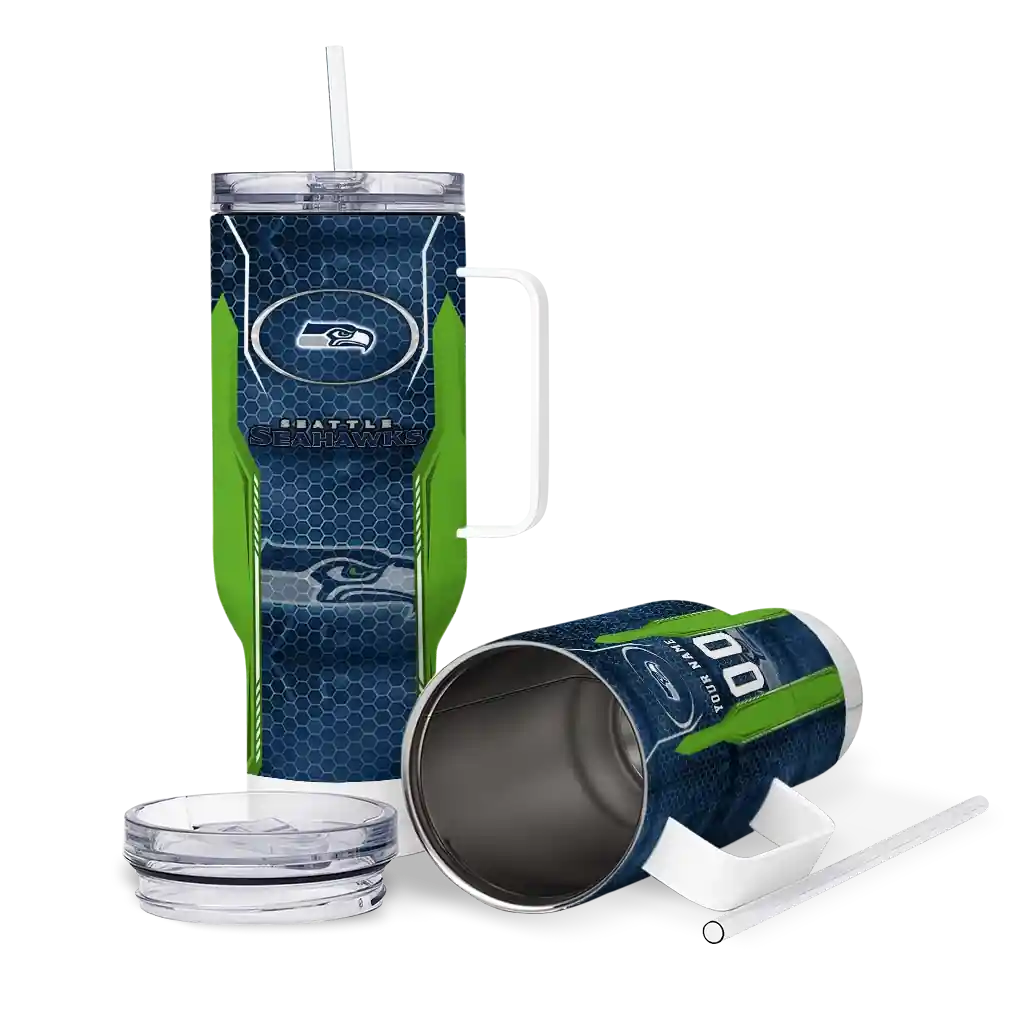Personalized Seattle Seahawks Hexagon Armor Blue 40Oz Tumbler, Stanley Cup Tumbler - Image 3