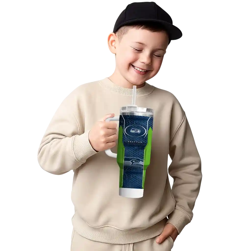 Personalized Seattle Seahawks Hexagon Armor Blue 40Oz Tumbler, Stanley Cup Tumbler - Image 4