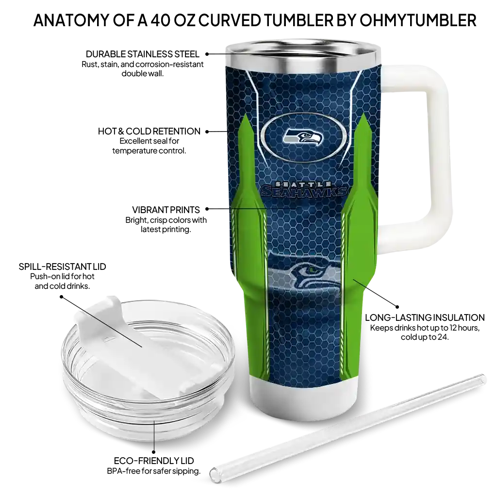 Personalized Seattle Seahawks Hexagon Armor Blue 40Oz Tumbler, Stanley Cup Tumbler - Image 5