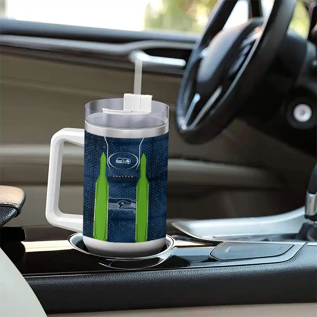 Personalized Seattle Seahawks Hexagon Armor Blue 40Oz Tumbler, Stanley Cup Tumbler - Image 8