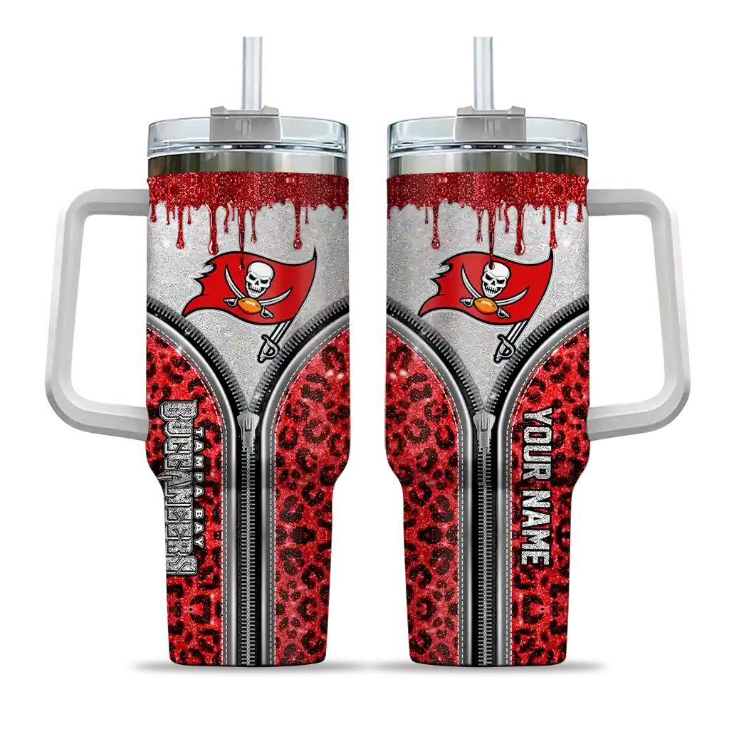 Personalized Tampa Bay Buccaneers Leopard Zipper Red 40Oz Tumbler, Stanley Cup Tumbler