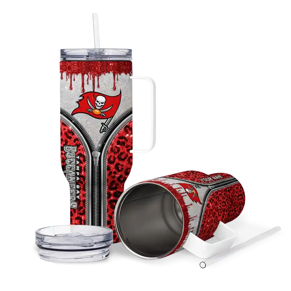Personalized Tampa Bay Buccaneers Leopard Zipper Red 40Oz Tumbler, Stanley Cup Tumbler - Image 3