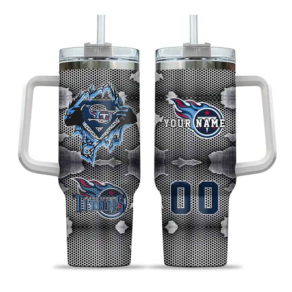 Personalized Tennessee Titans Superman Shield Navy Gray 40Oz Tumbler, Stanley Cup Tumbler