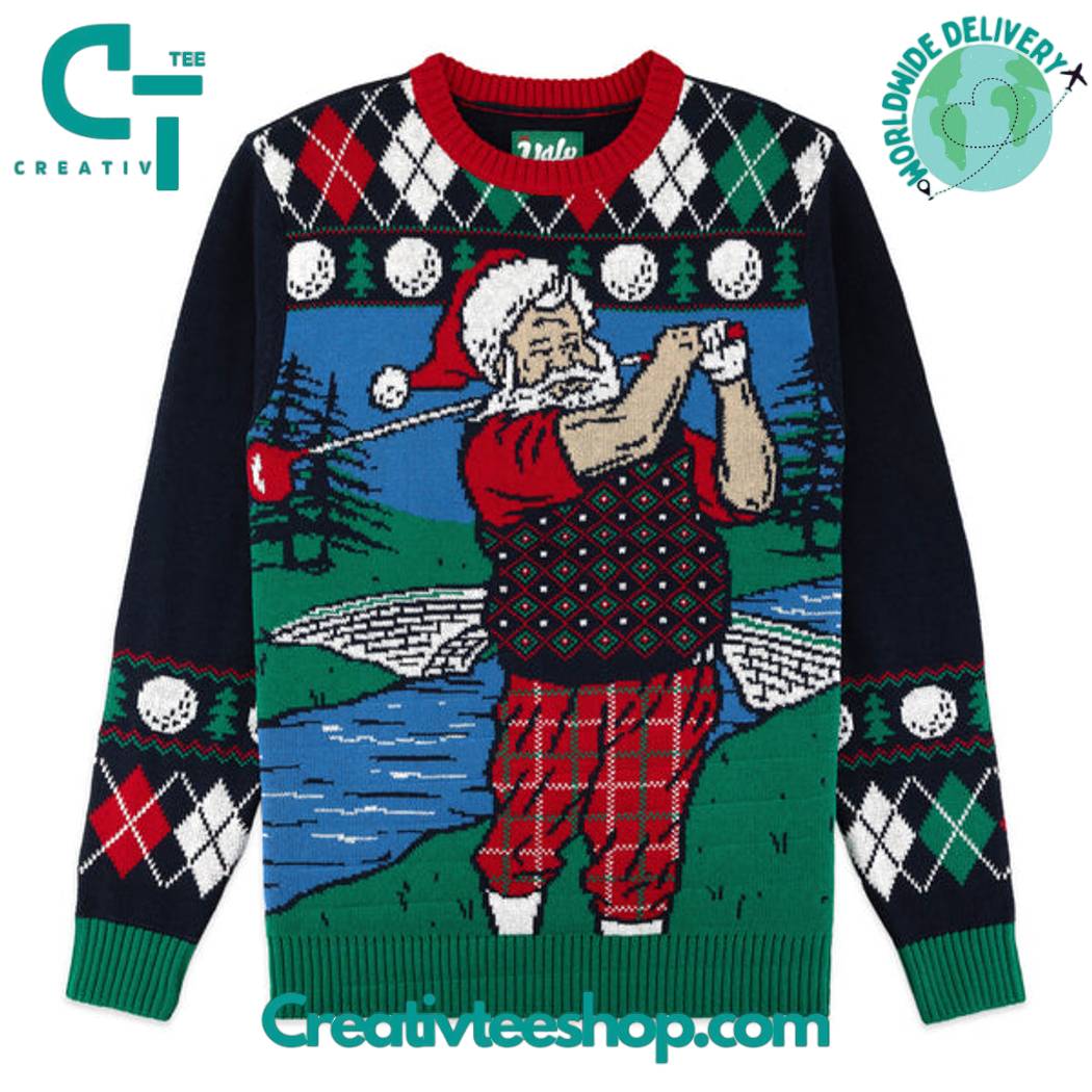 Golfing Santa Argyle Ugly Christmas Sweater