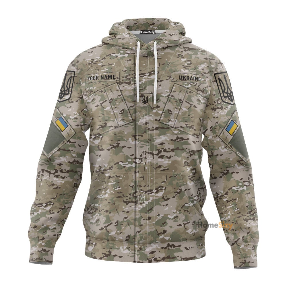 Personalized Custom Name Ukraine Camo Zip Up Hoodie Mens Proud Ukrainian Flag Trident Qt209275Hf