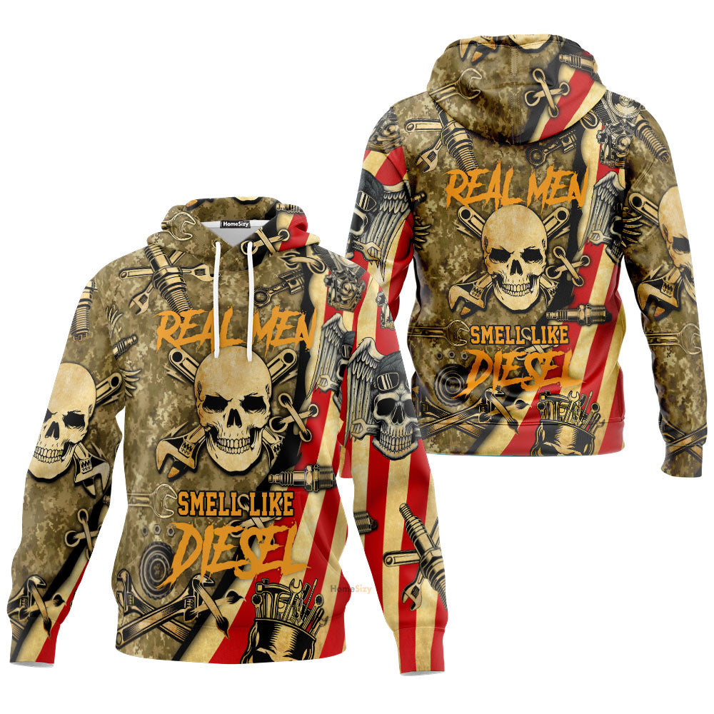 Real Men Smell Like Diesel American Flag Wrenches Piston Skull - 3D Hoodie Qt309118 - Image 3