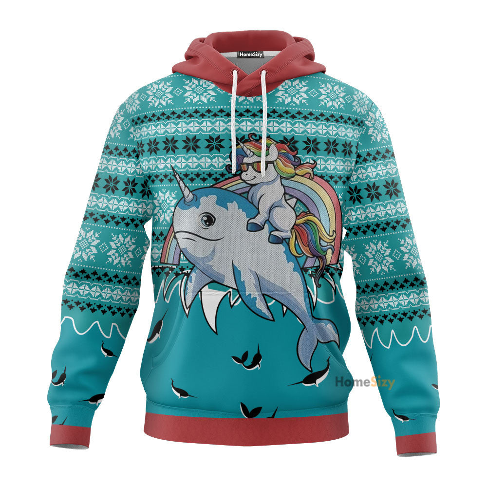 Ugly Unicorn Riding Narwhal Christmas Hoodie Tshirt Qt210392Tf