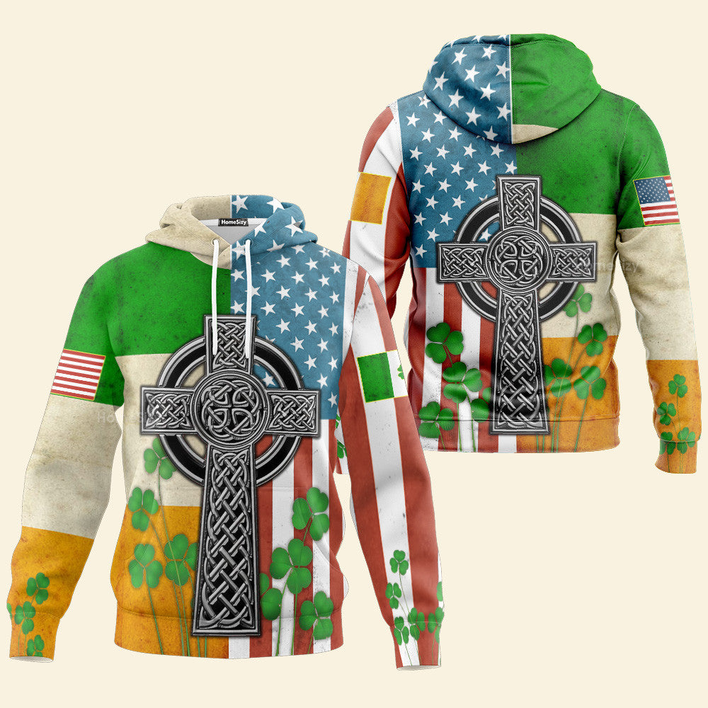 Holiday American Flag Celtic Cross Irish Saint Patrick'S Day Shirts Hoodie Unisex - Image 3
