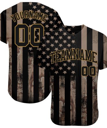 Custom Camo Black-Old Gold 3D Salute To Service American Flag Authentic Baseball Jersey