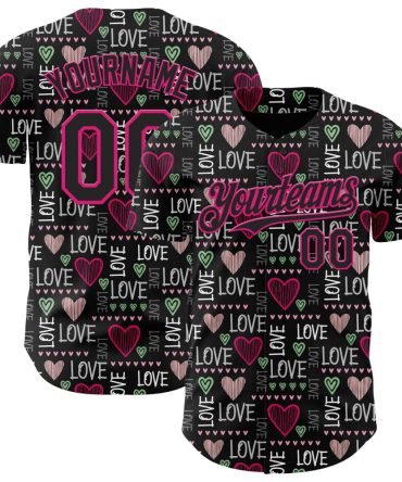 Custom Black Hot Pink Valentine'S Day Love Heart Authentic Baseball Jersey