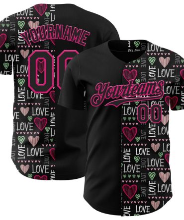 Custom Black Hot Pink Valentine'S Day Love Heart Authentic Baseball Jersey