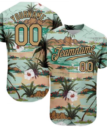 Custom Aqua Old Gold-Black 3D Pattern Design Hawaii Palm Trees And Flowers Authentic Baseball Jersey