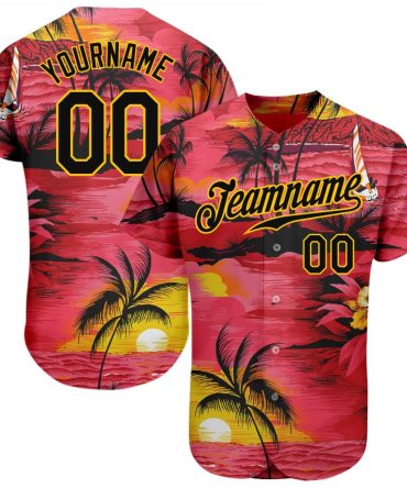 Custom Red Black-Yellow 3D Pattern Design Sun Beach Hawaii Palm Trees Authentic Baseball Jersey