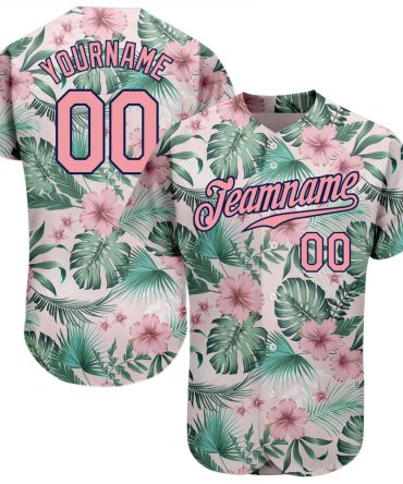 Custom White Medium Pink-Navy 3D Pattern Design Hawaii Palm Leaves And Flowers Authentic Baseball Jersey