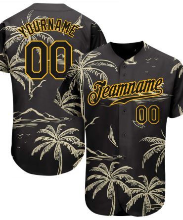 Custom Black Gold 3D Pattern Design Hawaii Palm Trees Island And Sailboat Authentic Baseball Jersey