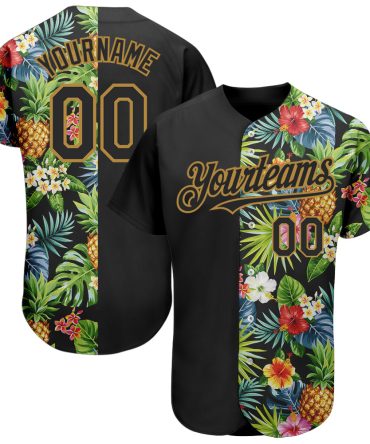 Custom Black Old Gold 3D Pattern Design Hawaii Tropical Pineapples, Palm Leaves And Flowers Authentic Baseball Jersey