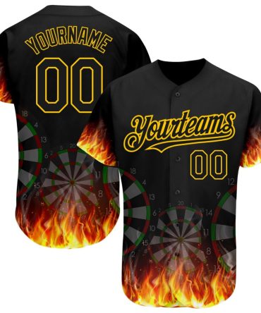 Custom Black Gold 3D Pattern Design Flame Dart Board Authentic Baseball Jersey