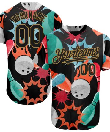 Custom Black Old Gold 3D Pattern Design Bowling Authentic Baseball Jersey