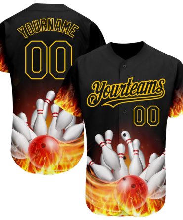 Custom Black Gold 3D Pattern Design Flame Bowling Authentic Baseball Jersey