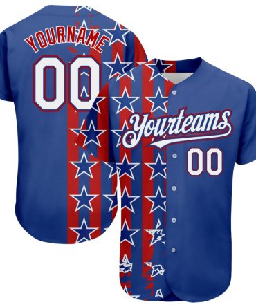 Custom Royal White Red 3D American Flag Authentic Baseball Jersey
