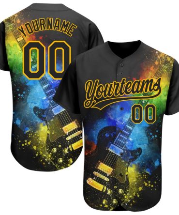 Custom Black Gold 3D Pattern Design Music Festival Guitar With Psychedelic Colors Authentic Baseball Jersey