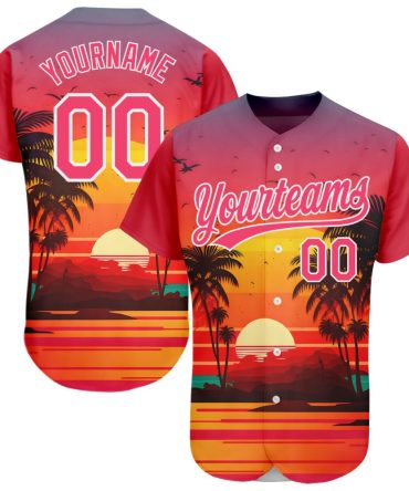 Custom Neon Pink White 3D Pattern Design Hawaii Palm Trees And Beach Sunrise Authentic Baseball Jersey
