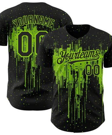 Custom Black Neon Green 3D Pattern Design Dripping Splatter Art Authentic Baseball Jersey
