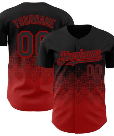 Custom Black Red 3D Pattern Design Gradient Square Shapes Authentic Baseball Jersey