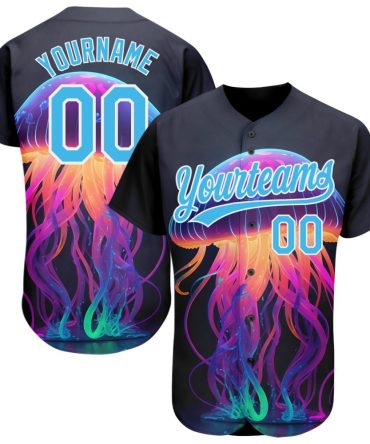Custom Black Sky Blue-White 3D Pattern Design Neon Jellyfish Authentic Baseball Jersey
