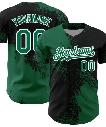 Custom Black Kelly Green-White 3D Pattern Design Abstract Brush Stroke Authentic Baseball Jersey