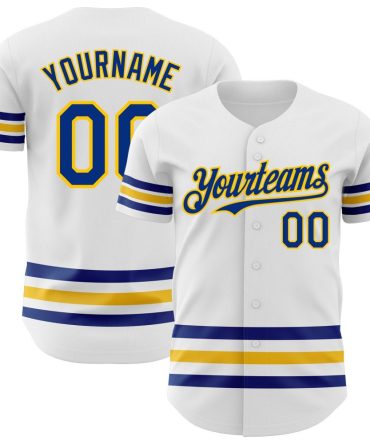 Custom White Royal-Yellow Line Authentic Baseball Jersey