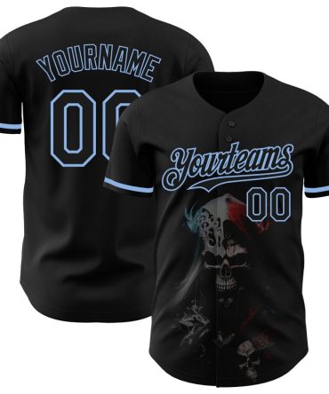 Custom Black Light Blue 3D Skull Fashion Authentic Baseball Jersey