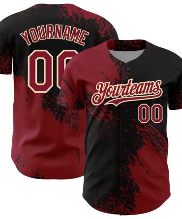 Custom Crimson Black-Cream 3D Pattern Design Abstract Brush Stroke Authentic Baseball Jersey