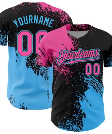 Custom Pink Black-Sky Blue 3D Pattern Design Abstract Brush Stroke Authentic Baseball Jersey