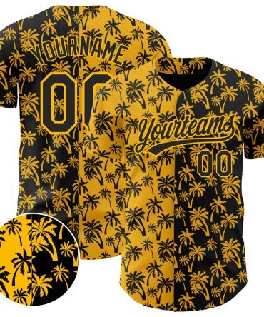 Custom Gold Black 3D Pattern Design Tropical Hawaii Palm Trees Authentic Baseball Jersey
